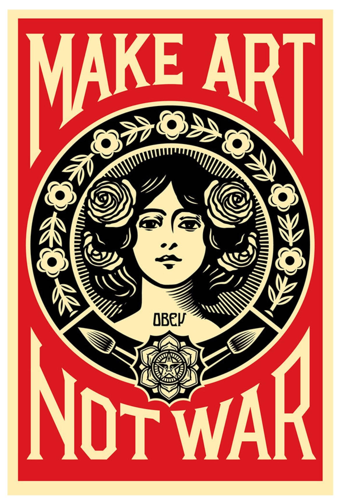 Print of a woman's face with a circular floral border around her face. Around are the words, "Make Art Not War."